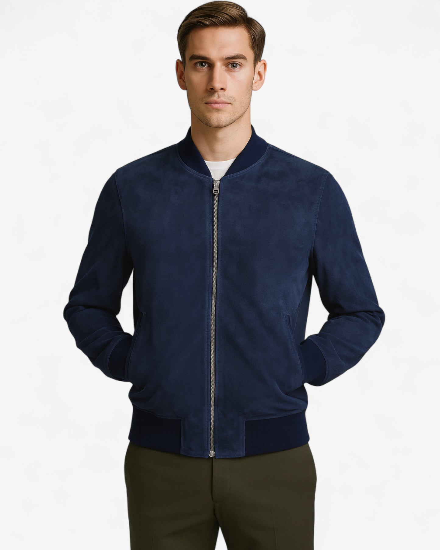 Navy Suede Bomber Jacket