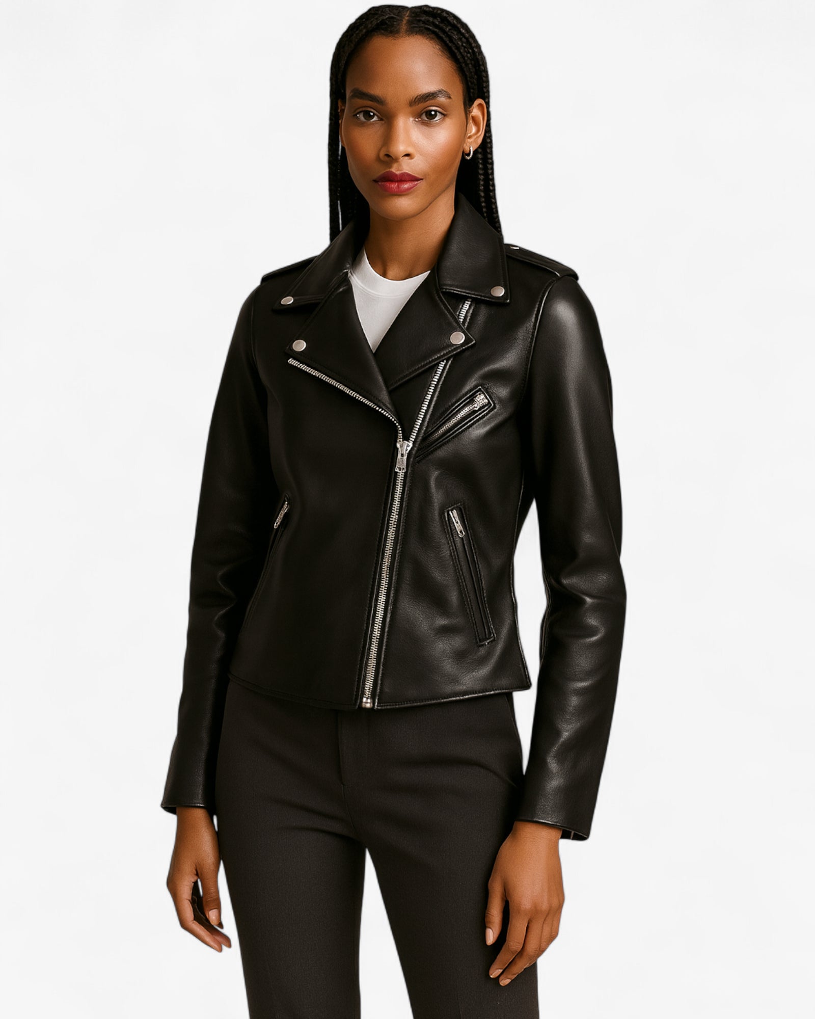 Woman wearing a black leather jacket on a white background